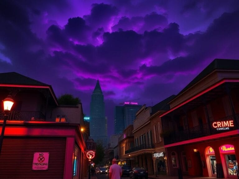 Flick International Night view of New Orleans skyline with historic architecture and dramatic lighting
