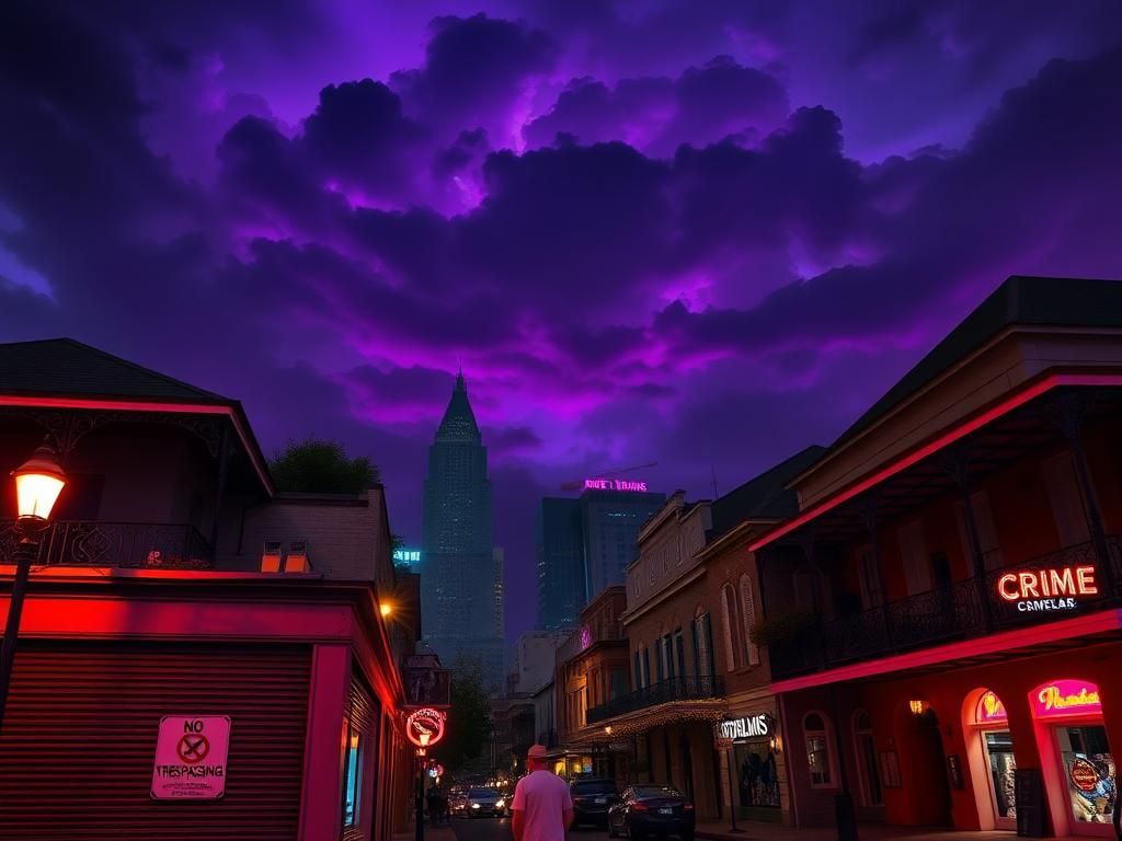 Flick International Night view of New Orleans skyline with historic architecture and dramatic lighting