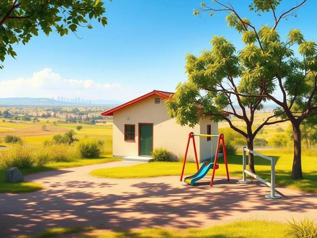 Flick International A serene home in Gaza with a playground, symbolizing childhood joy and resilience.