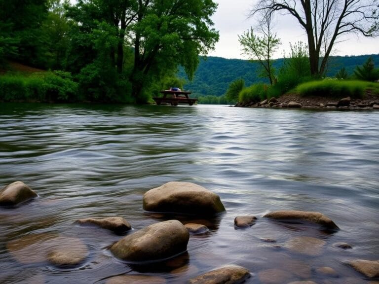 Flick International A serene view of the Delaware River with smooth stones, depicting the tranquil yet cautionary atmosphere of the area.