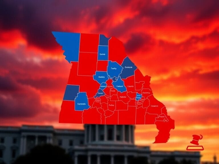 Flick International Map of Missouri highlighting congressional districts in red and blue representing Republican and Democratic parties