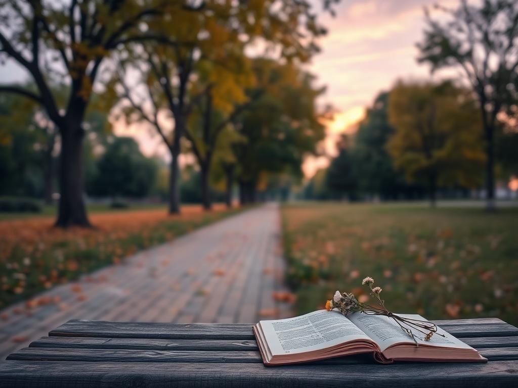 Flick International A serene park scene with a weathered bench surrounded by trees in warm hues symbolizing change