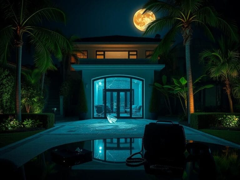 Flick International Shattered glass door of a luxurious Hollywood home affected by crime