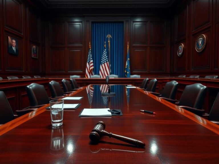Flick International Empty Senate committee room with a long wooden table and American flag