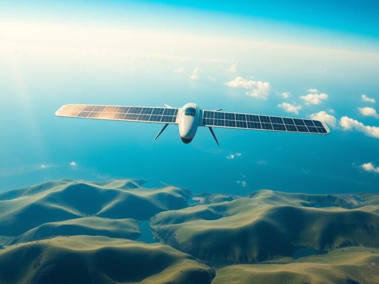 Flick International A solar-powered drone gliding gracefully above rolling green hills and sparkling water bodies under a bright blue sky.