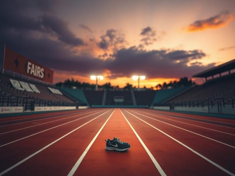 Flick International Abandoned women's running shoes on a twilight-lit track symbolizing the debate in women's sports