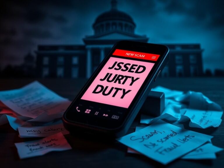 Flick International Dark phone showing 'Missed Jury Duty' notification, symbolizing jury duty phone scams