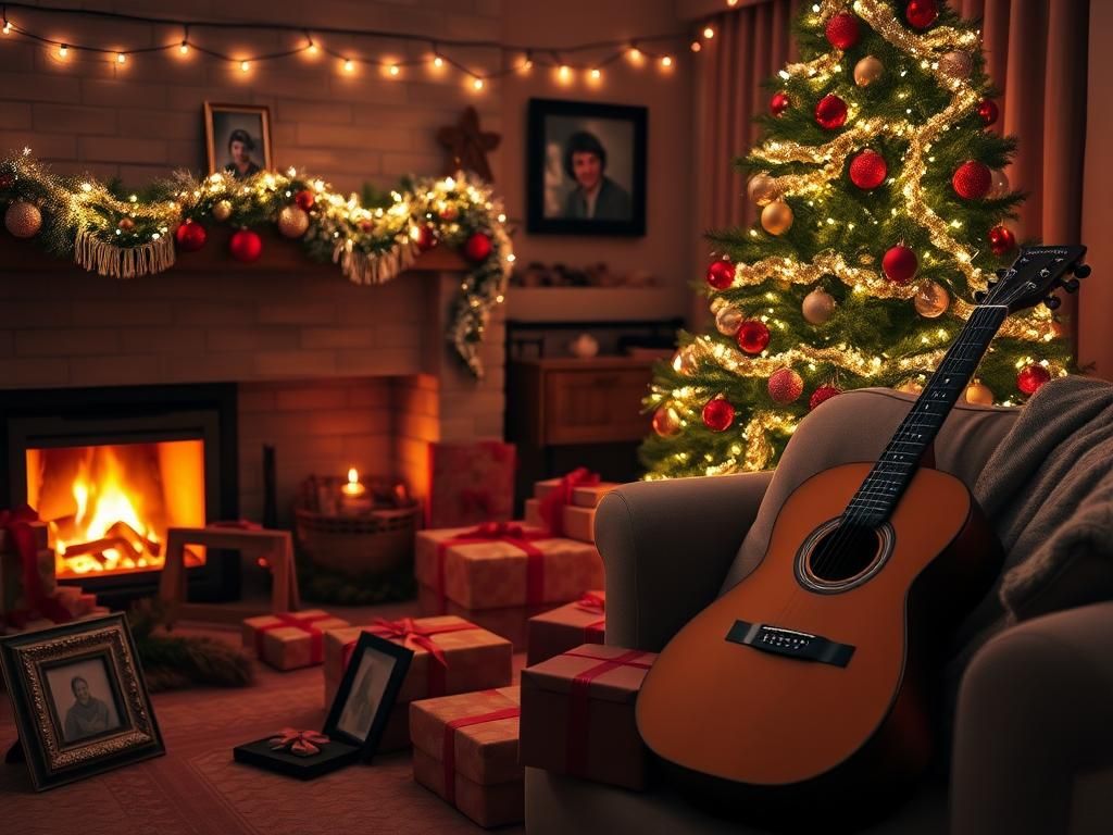 Flick International Cozy living room decorated for Christmas with a glowing fireplace and a beautifully adorned tree