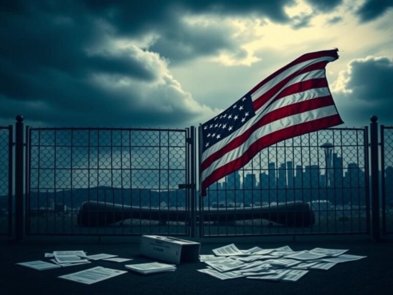 Flick International A somber image of a closing border gate with a tattered American flag, representing immigration issues and military service complexities.