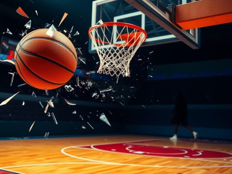 Flick International Close-up of a basketball in mid-air against the backdrop of a vibrant court and shattered glass, symbolizing the tension in a pivotal game.