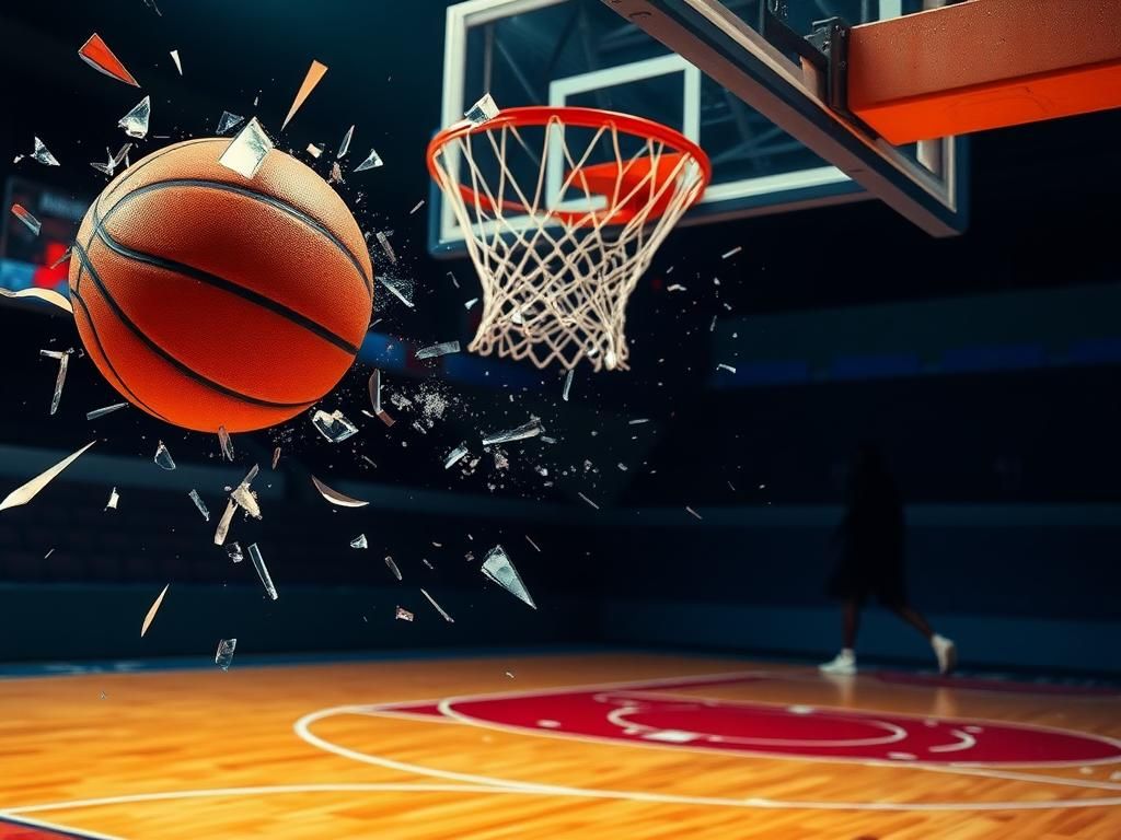 Flick International Close-up of a basketball in mid-air against the backdrop of a vibrant court and shattered glass, symbolizing the tension in a pivotal game.