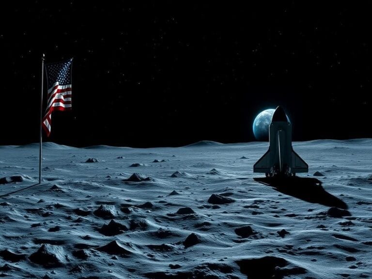 Flick International A desolate lunar landscape with an American flag and a futuristic spacecraft under a starry sky