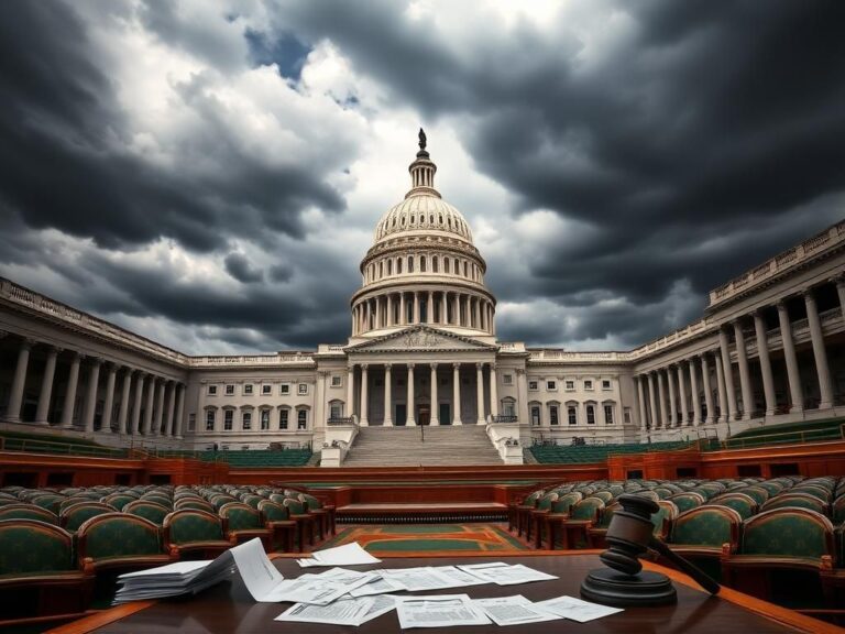 Flick International A close-up view of the U.S. Capitol building under dark storm clouds, depicting a looming government shutdown.