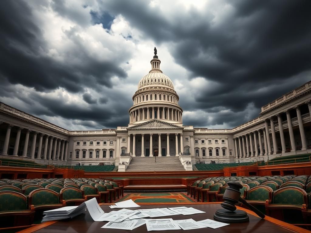 Flick International A close-up view of the U.S. Capitol building under dark storm clouds, depicting a looming government shutdown.