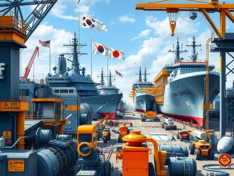 Flick International A bustling shipyard with large ships under construction, featuring cranes and welding equipment.