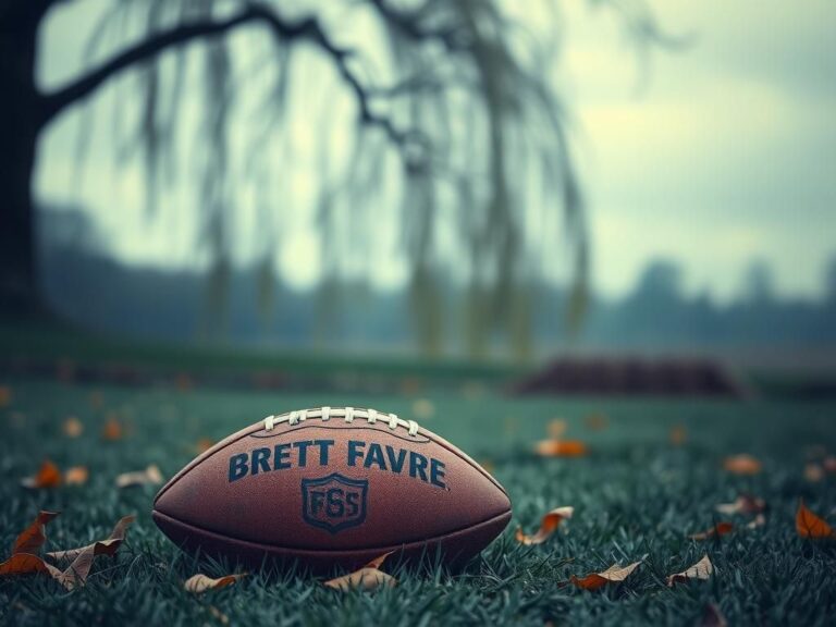 Flick International A weathered football resting on grass surrounded by autumn leaves, symbolizing Brett Favre's legacy.