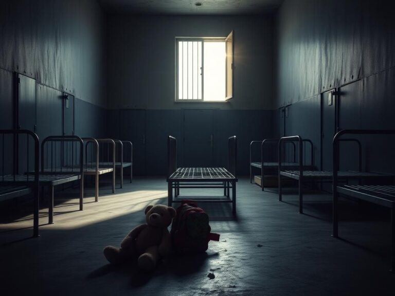 Flick International Empty immigration detention facility for minors with stark metal cots and children's belongings