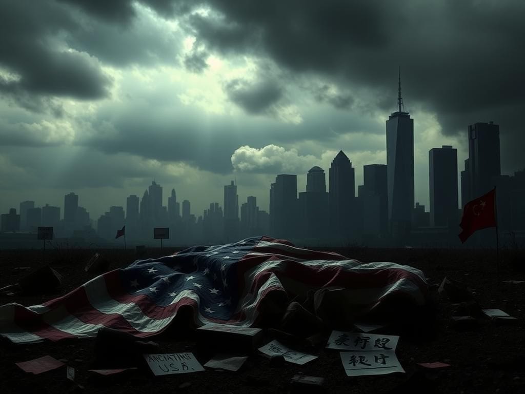 Flick International Dramatic city skyline silhouette with a crumpled American flag and scattered protest signs