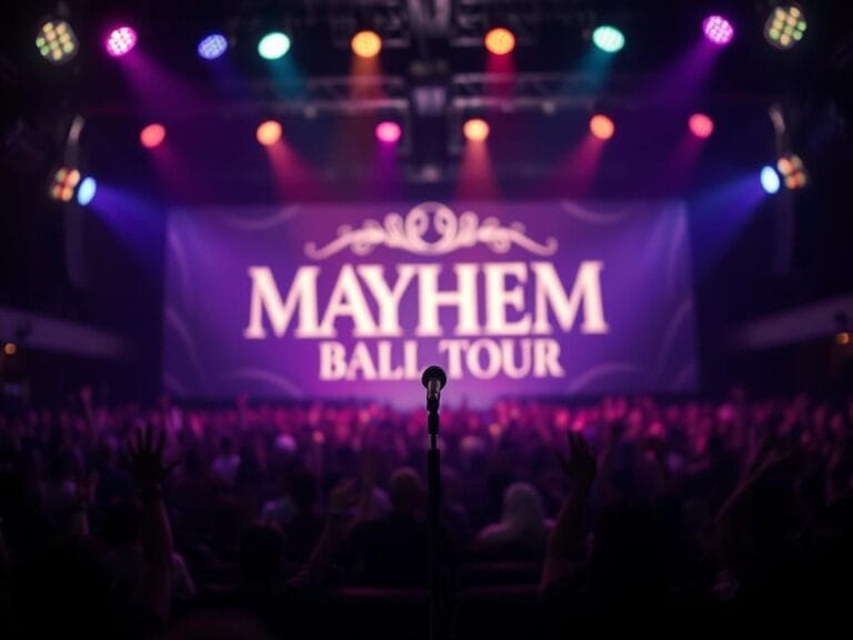 Flick International Dimly lit concert stage with an empty microphone stand and colorful spotlights