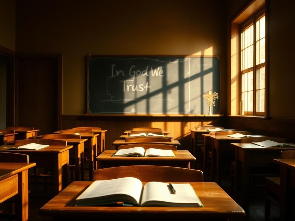 Flick International A serene classroom setting with wooden desks and an open book, symbolizing education and reflection on school prayer.