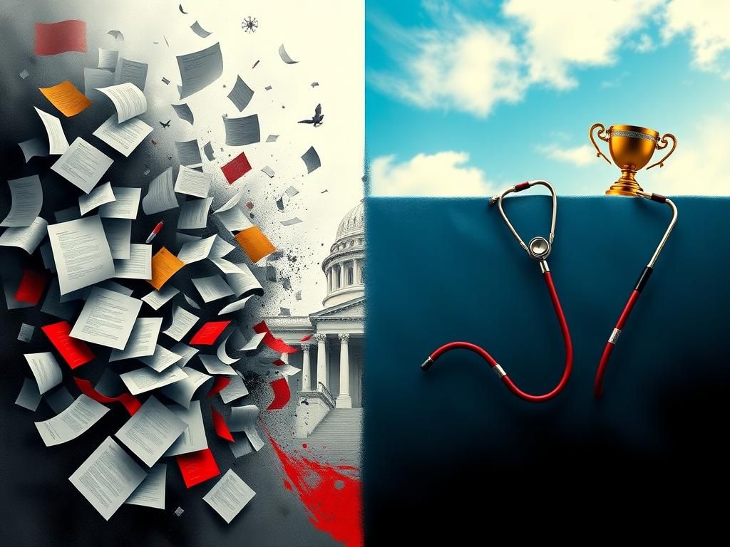 Flick International A split illustration showcasing a chaotic assembly of documents and medical symbols contrasted with a calm healthcare environment