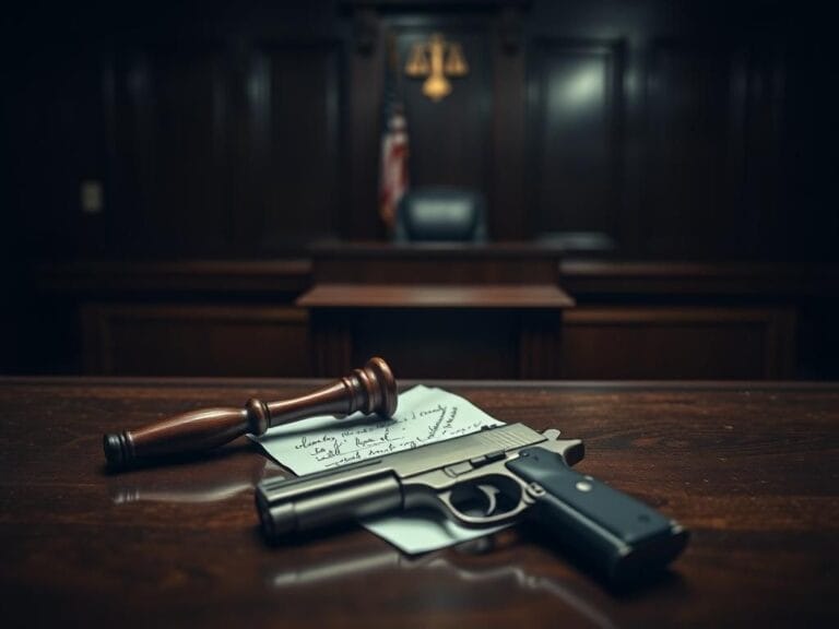 Flick International A gavel resting on a polished wooden bench in a somber courtroom setting
