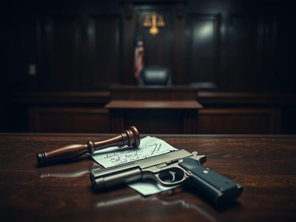 Flick International A gavel resting on a polished wooden bench in a somber courtroom setting