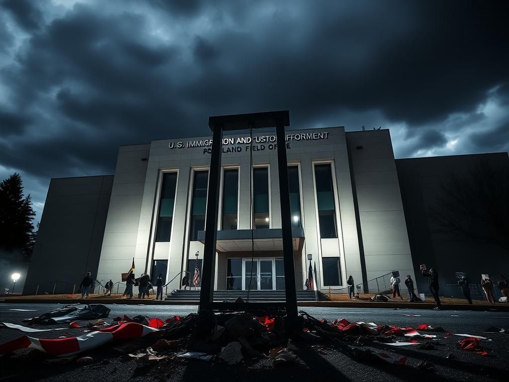 Flick International A dramatic scene of a guillotine in front of an ICE field office in Portland, Oregon during a protest