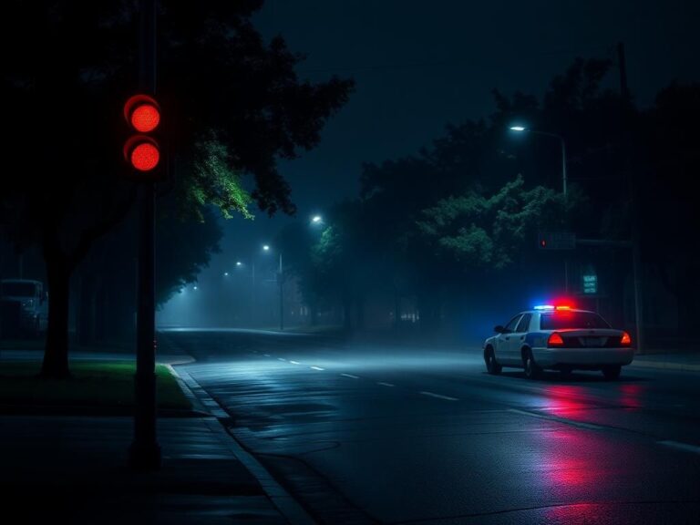 Flick International Somber nighttime scene in Baton Rouge, showcasing a deserted street with a red traffic light and police presence
