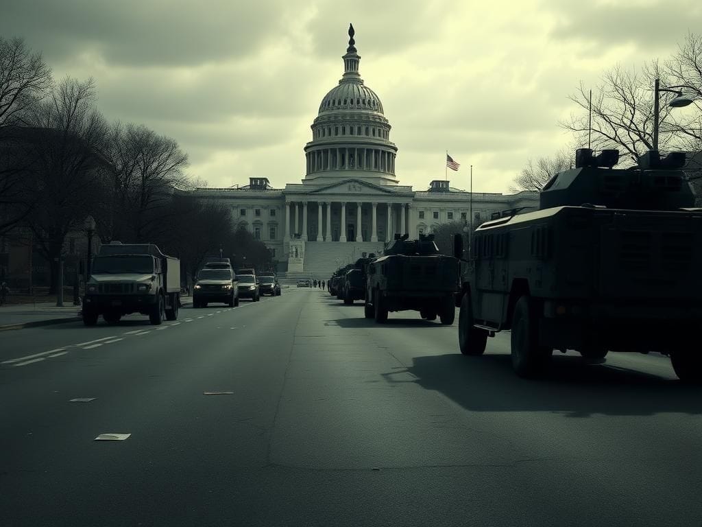 Flick International A deserted Washington D.C. street with military vehicles and government buildings under an overcast sky