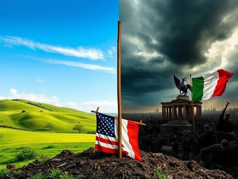 Flick International A split landscape contrasting serene Irish countryside with a stormy urban skyline representing political turmoil