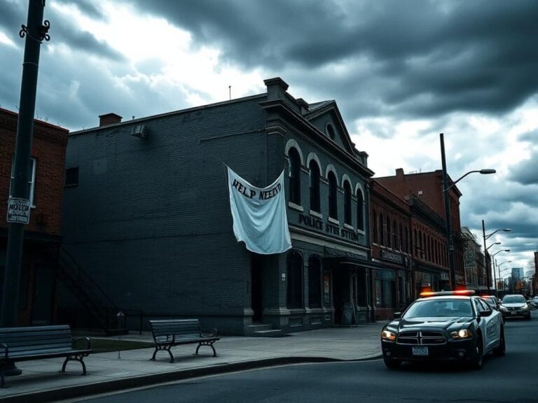 Flick International Exterior of a Chicago police station with a 'Help Needed' banner under a cloudy sky