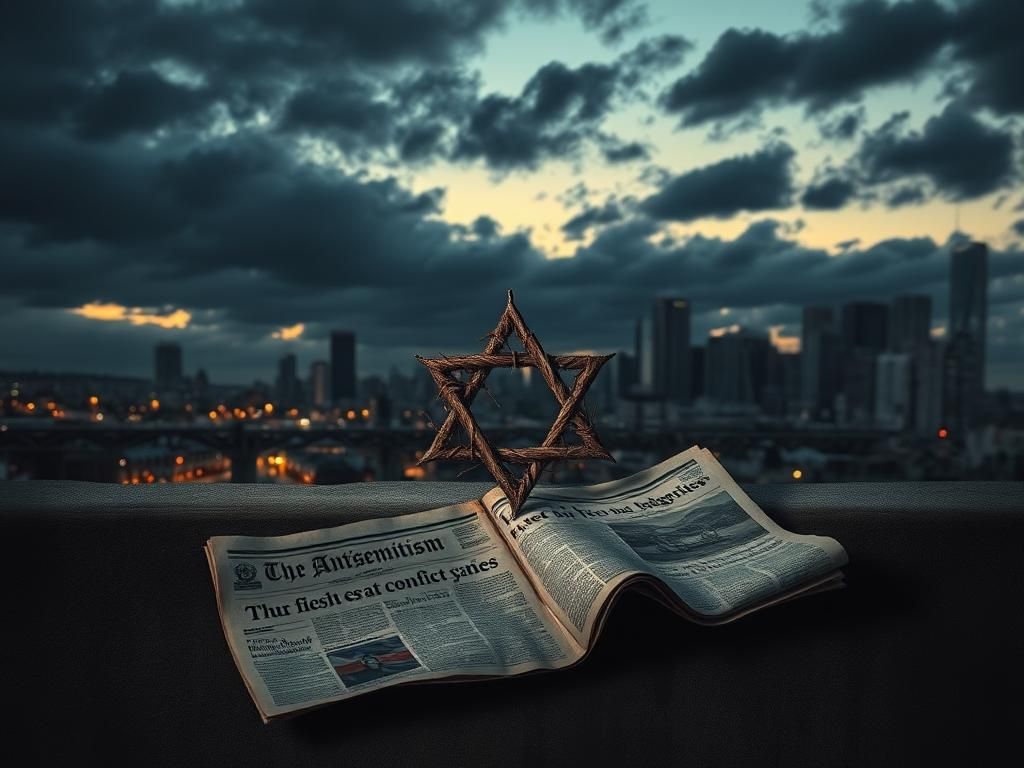 Flick International A somber depiction of a city skyline at dusk with a broken Star of David symbolizing the struggles against antisemitism.