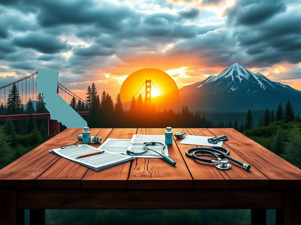 Flick International A weathered wooden table adorned with medical documents and vaccine vials, symbolizing a health policy shift among West Coast governors