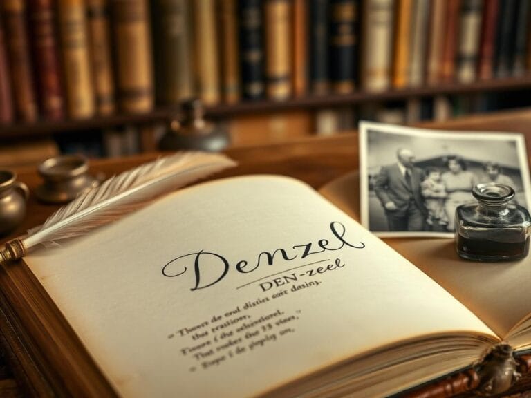 Flick International Close-up of a vintage family photo album page featuring the name Denzel and its phonetic spelling.