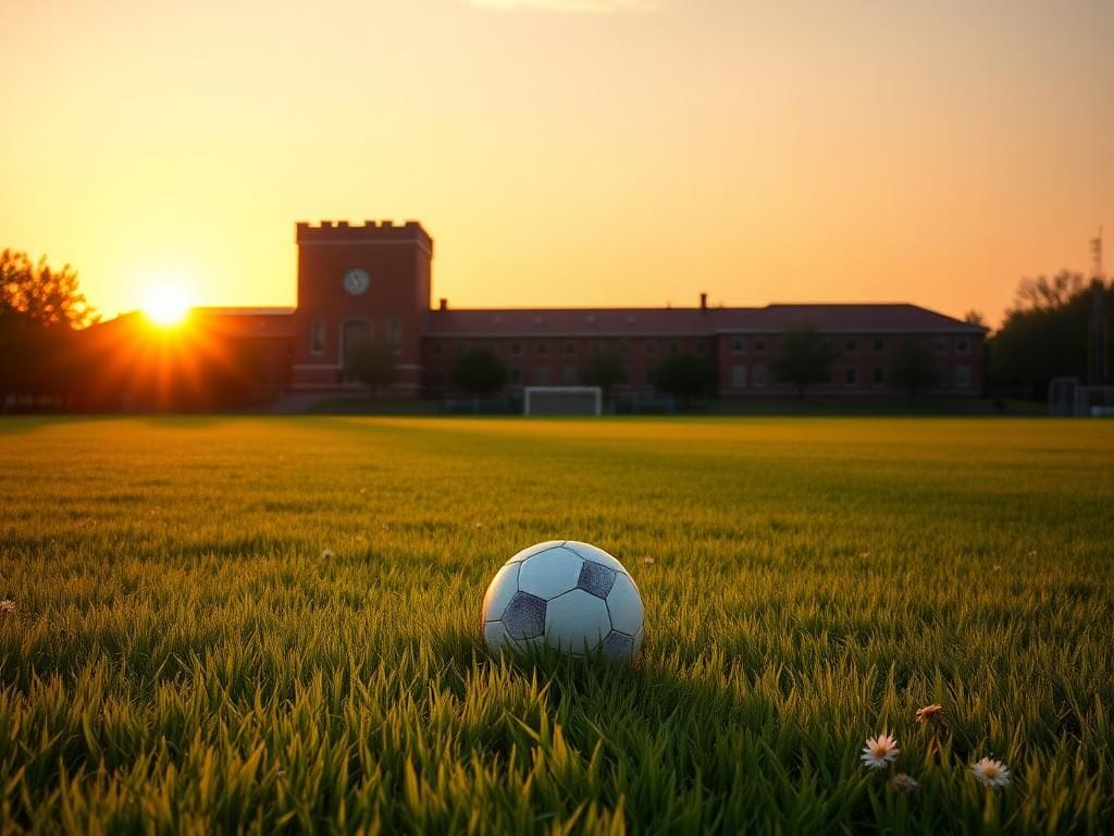 Flick International Sunset over a college soccer field with a soccer ball symbolizing loss