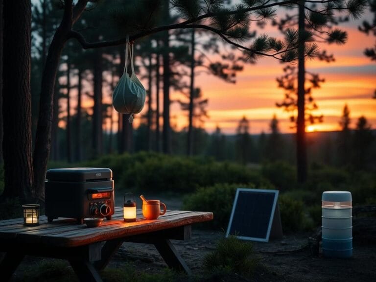 Flick International Serene forest campsite at dusk with solar-powered camping gear