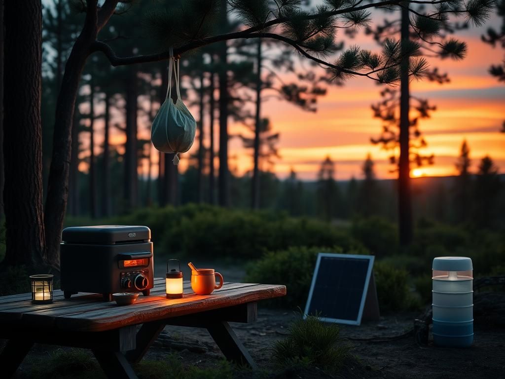 Flick International Serene forest campsite at dusk with solar-powered camping gear