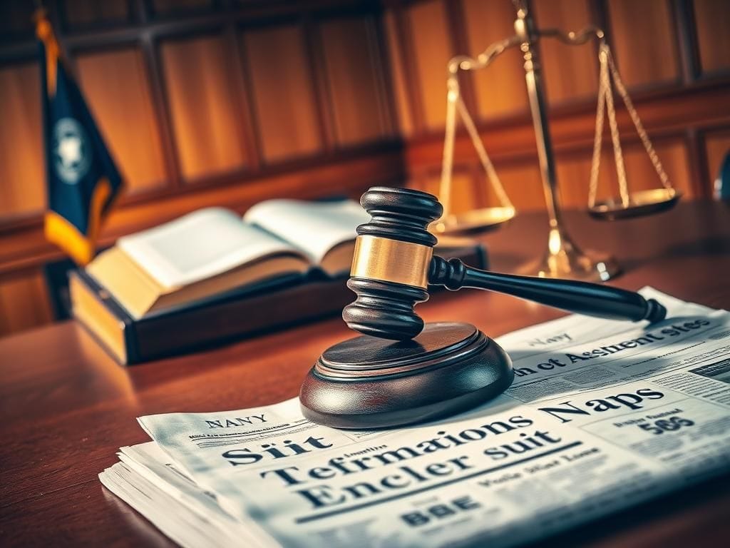 Flick International Courtroom setting with a wooden judge's bench, gavel, legal tome, scales of justice, and a Navy flag