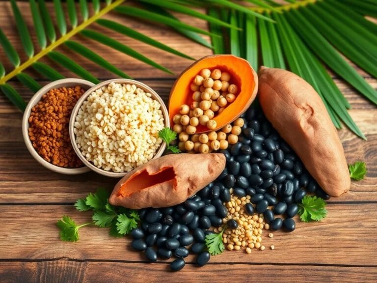 Flick International Vibrant flat lay of protein-packed carbohydrates including quinoa, lentils, roasted chickpeas, sweet potato, and black beans on a rustic table