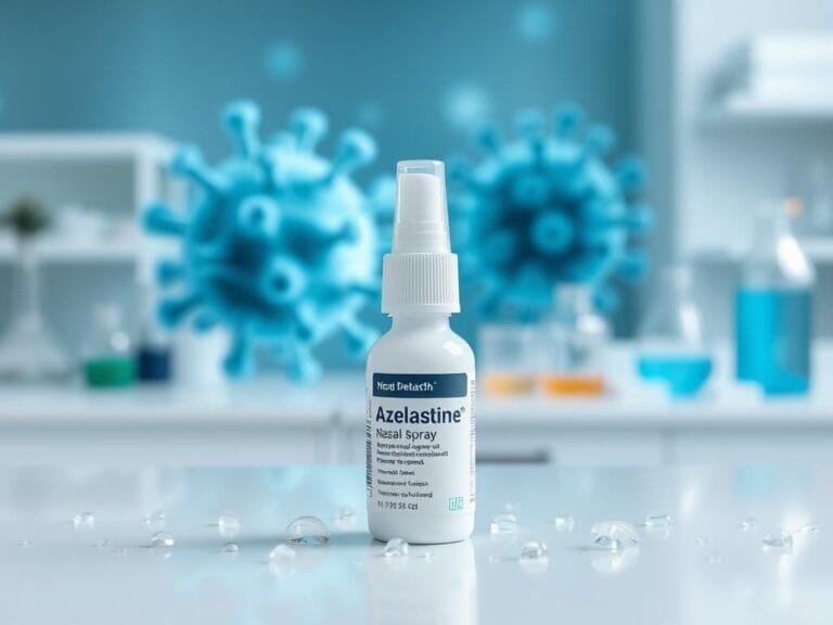 Flick International Close-up of azelastine nasal spray bottle on a pristine laboratory countertop