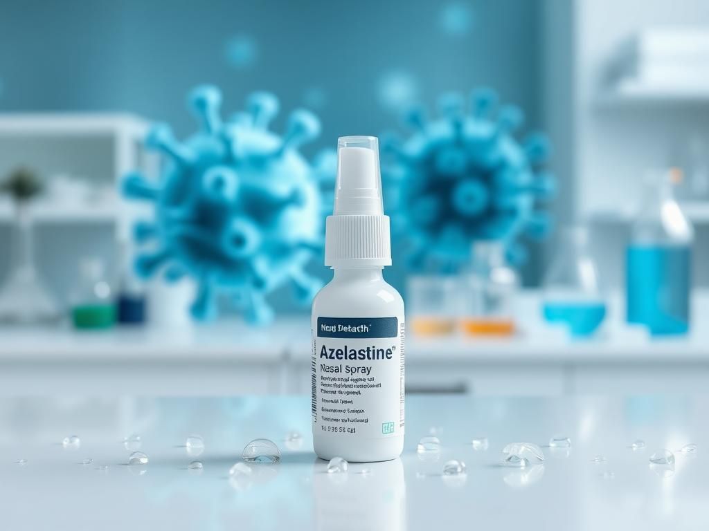Flick International Close-up of azelastine nasal spray bottle on a pristine laboratory countertop