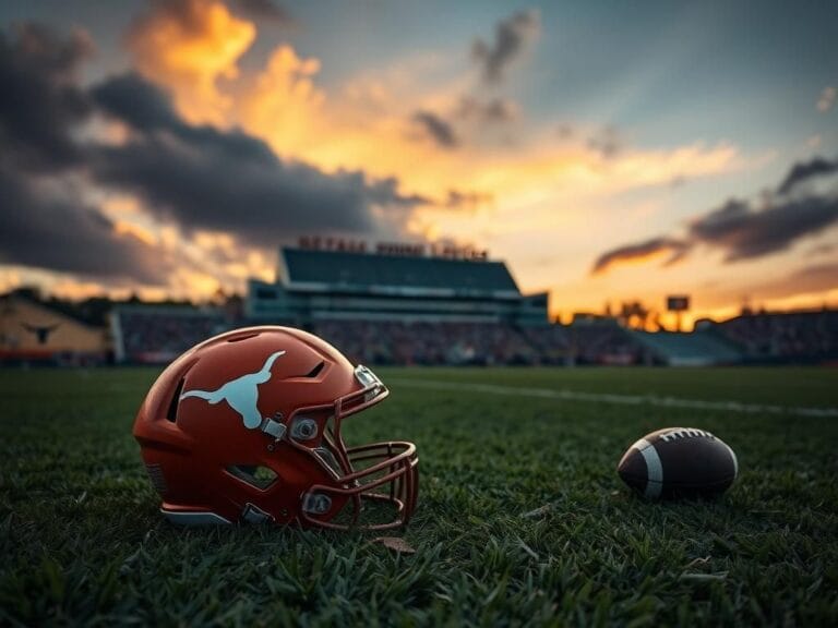 Flick International Texas Longhorns football helmet on grass with Ohio Stadium in the background