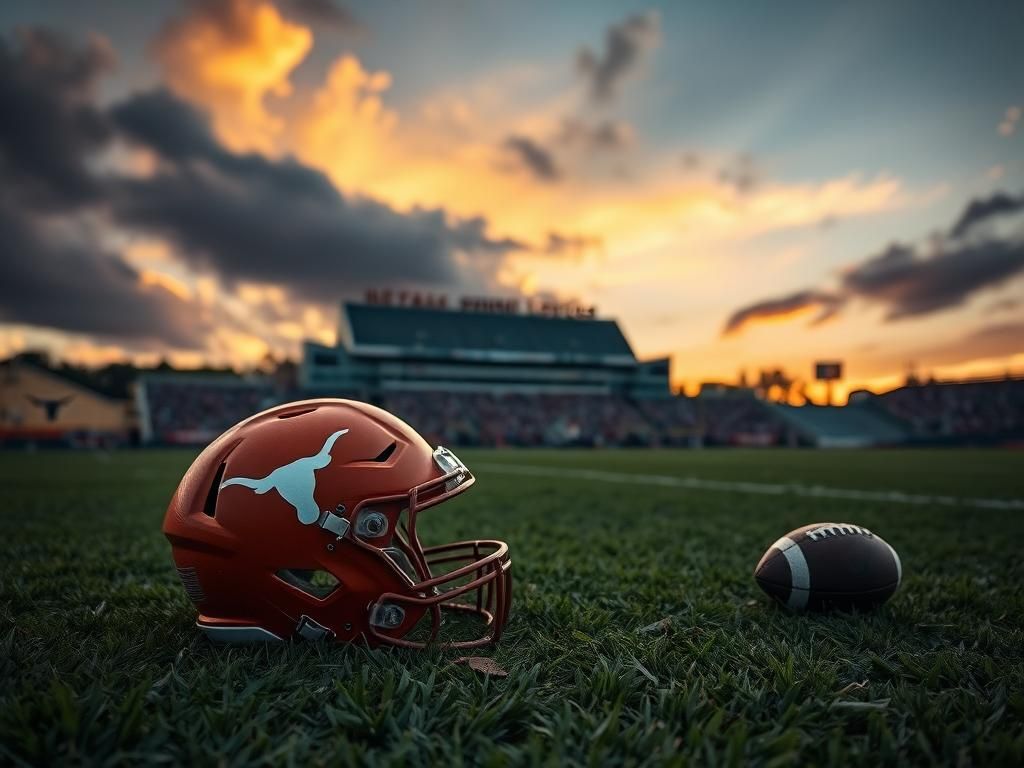 Flick International Texas Longhorns football helmet on grass with Ohio Stadium in the background