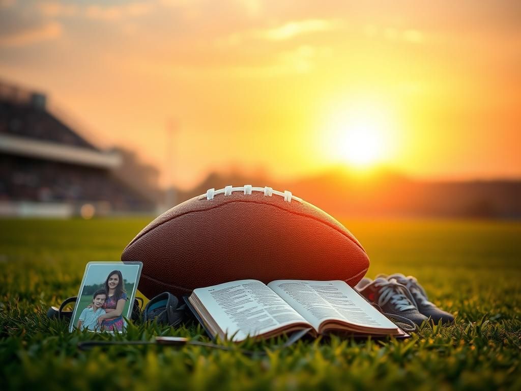 Flick International A football resting on a grassy field with a rising sun and symbols of faith and family in the background