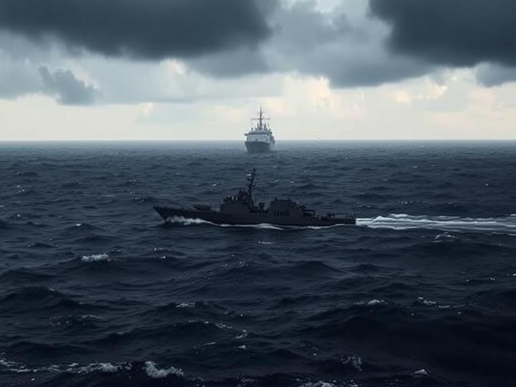 Flick International A small military vessel navigates a turbulent sea under a stormy sky, symbolizing the fight against drug trafficking.