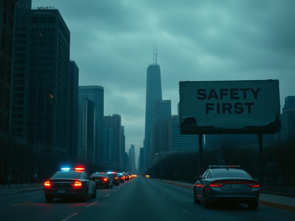 Flick International Somber cityscape of Chicago at dusk showcasing the skyline with the iconic Willis Tower and empty police cars symbolizing crime issues