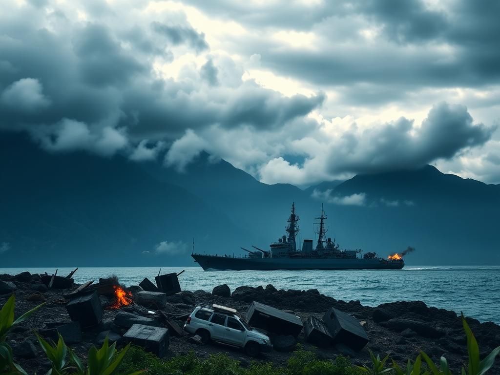 Flick International A navy warship anchored at sea against a stormy backdrop in Ecuador, symbolizing the drug war challenges.