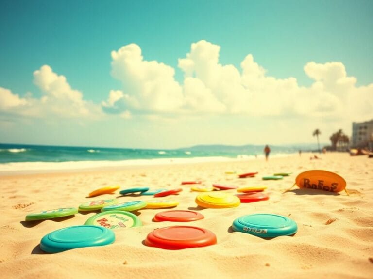 Flick International A colorful assortment of Frisbees scattered on a 1940s California beach under a clear blue sky.