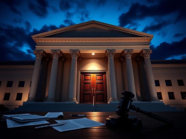 Flick International Courthouse facade illuminated at twilight with scattered legal documents representing justice and immigration challenges